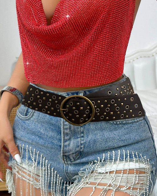 Vintage Denim Decorative Round Hollow Metal Wide Belt