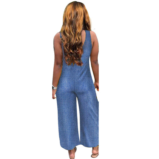 Mono informal de mezclilla sin espalda de color sólido con chaleco de boutique