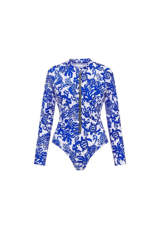 Blue Printed Zip Up Long Sleeve Surf Swimsuit