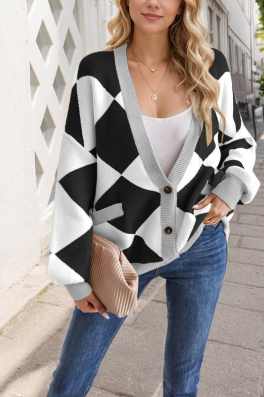 Chaqueta de punto holgada con cuello en V y costuras de diamante en contraste para mujer
