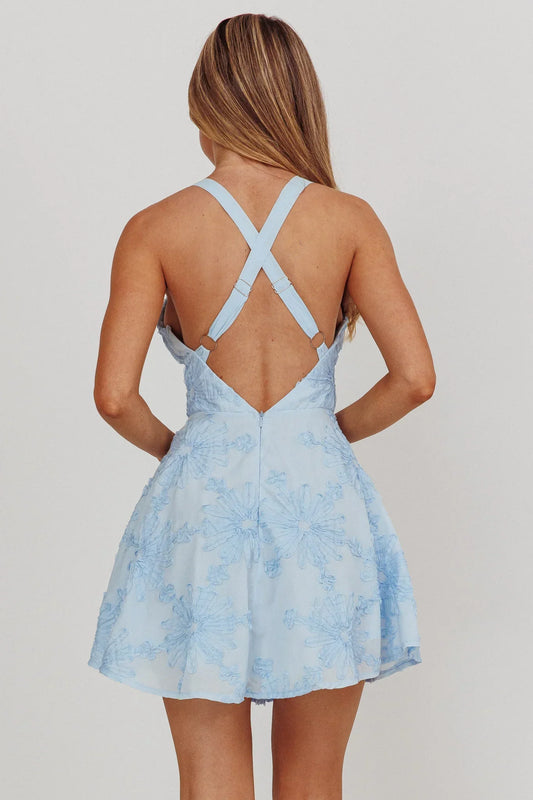Lavalle Criss-Cross Floral Embellished Mini Dress Blue
