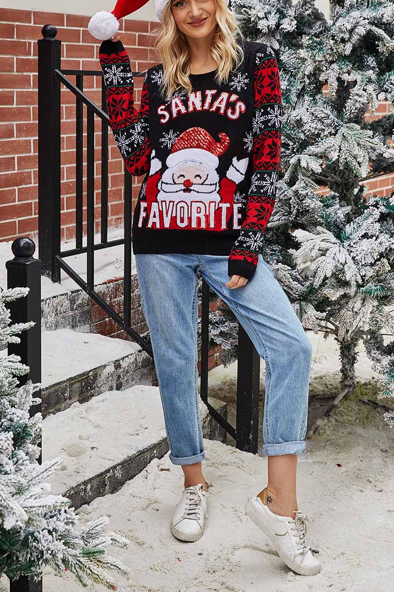 Suéter de punto con cuello redondo y bordado de Papá Noel