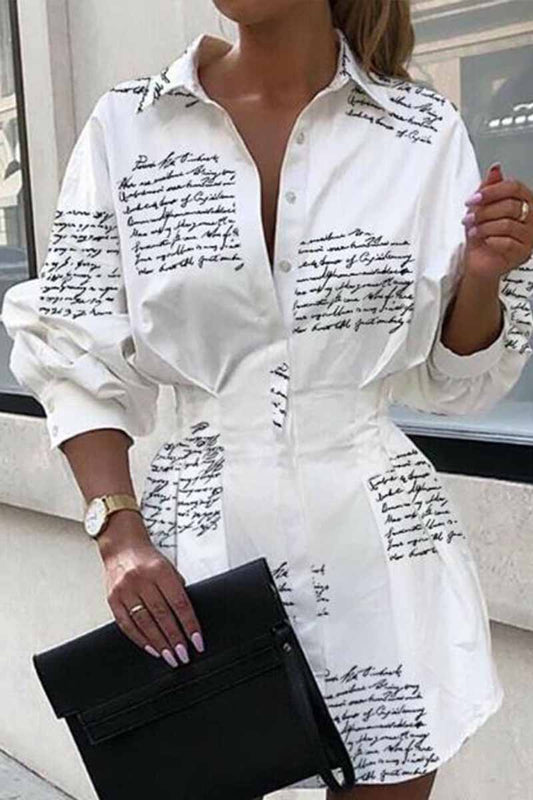 Slim Waist Letter Print Long Sleeve Mini Dress