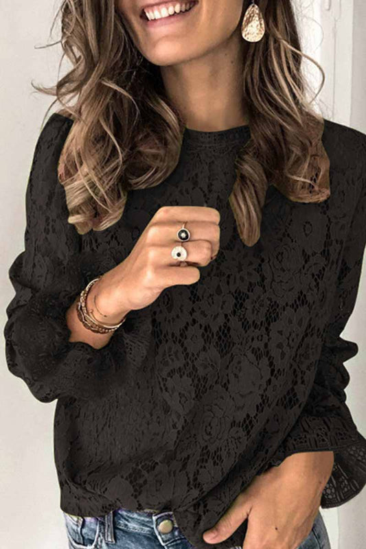 Blusa de encaje calado de manga larga (4 colores)