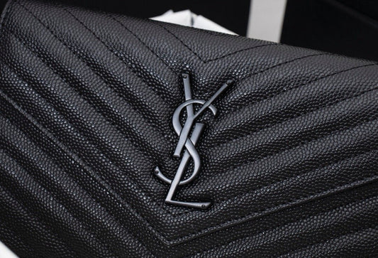 Saint Laurent Matelasse Grain de Poudre Matte Black Monogram Chain Wallet