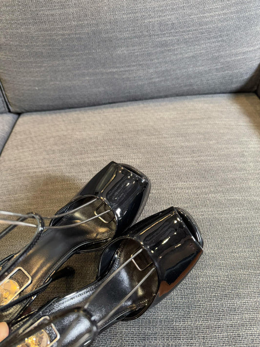 LA SCANDALE PLATFORM SANDALS IN BLACK GLOSSY CALFSKIN