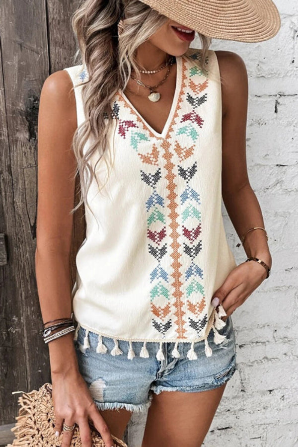TOP SIN MANGAS CON BORLAS BORDADAS JUST BE YOU BOHO - 4 COLORES