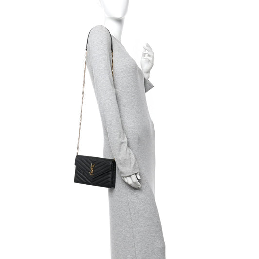 Grain De Poudre Matelasse Chevron Monogram Envelope Chain Wallet Black