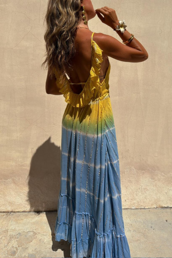 Vestido largo tie-dye de lúrex dorado