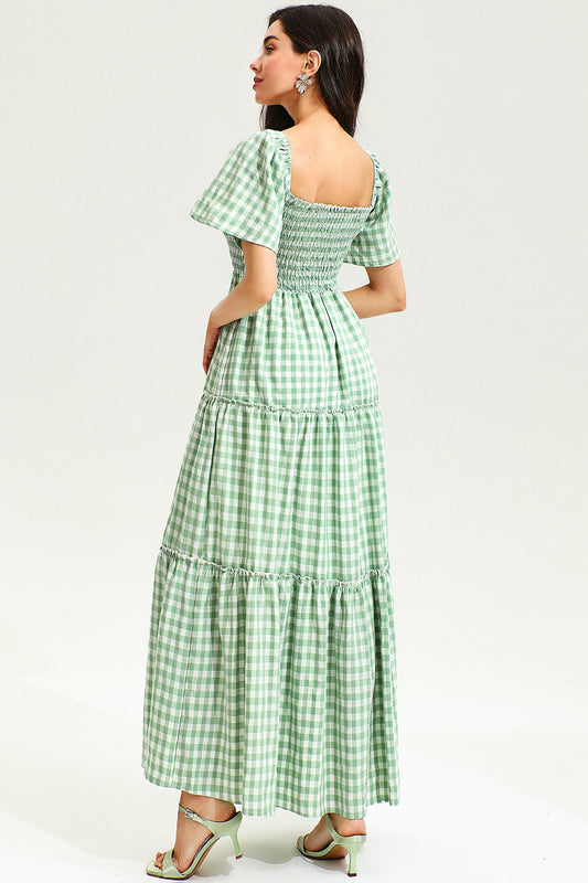 Vestido midi de rejilla con cuello cuadrado y mangas abullonadas en verde