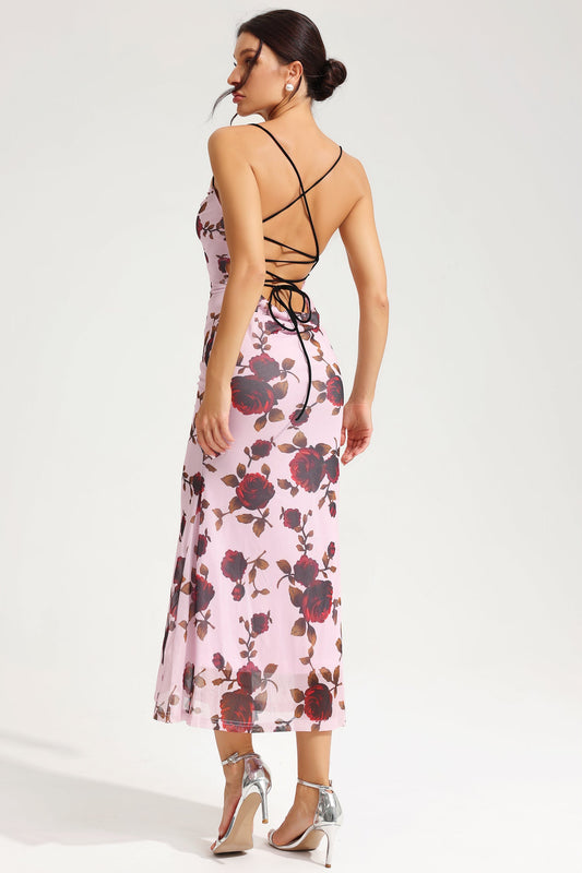 Floral Lace Up Slim Cami Midi Dress