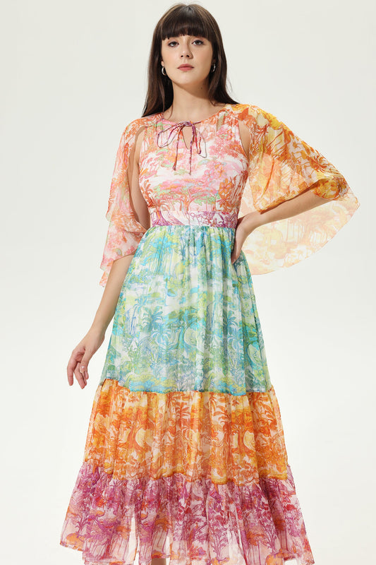 Vestido midi con cuello redondo y mangas asimétricas de cachemira