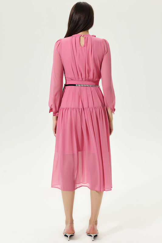 3D Flower Lantern Sleeve Crew Collar Midi Dress
