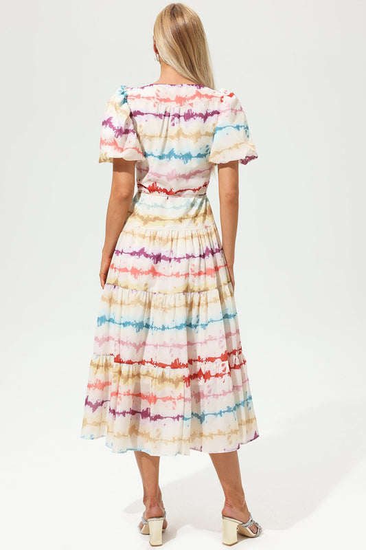 Vestido midi con escote en V, mangas abullonadas y cintura cónica