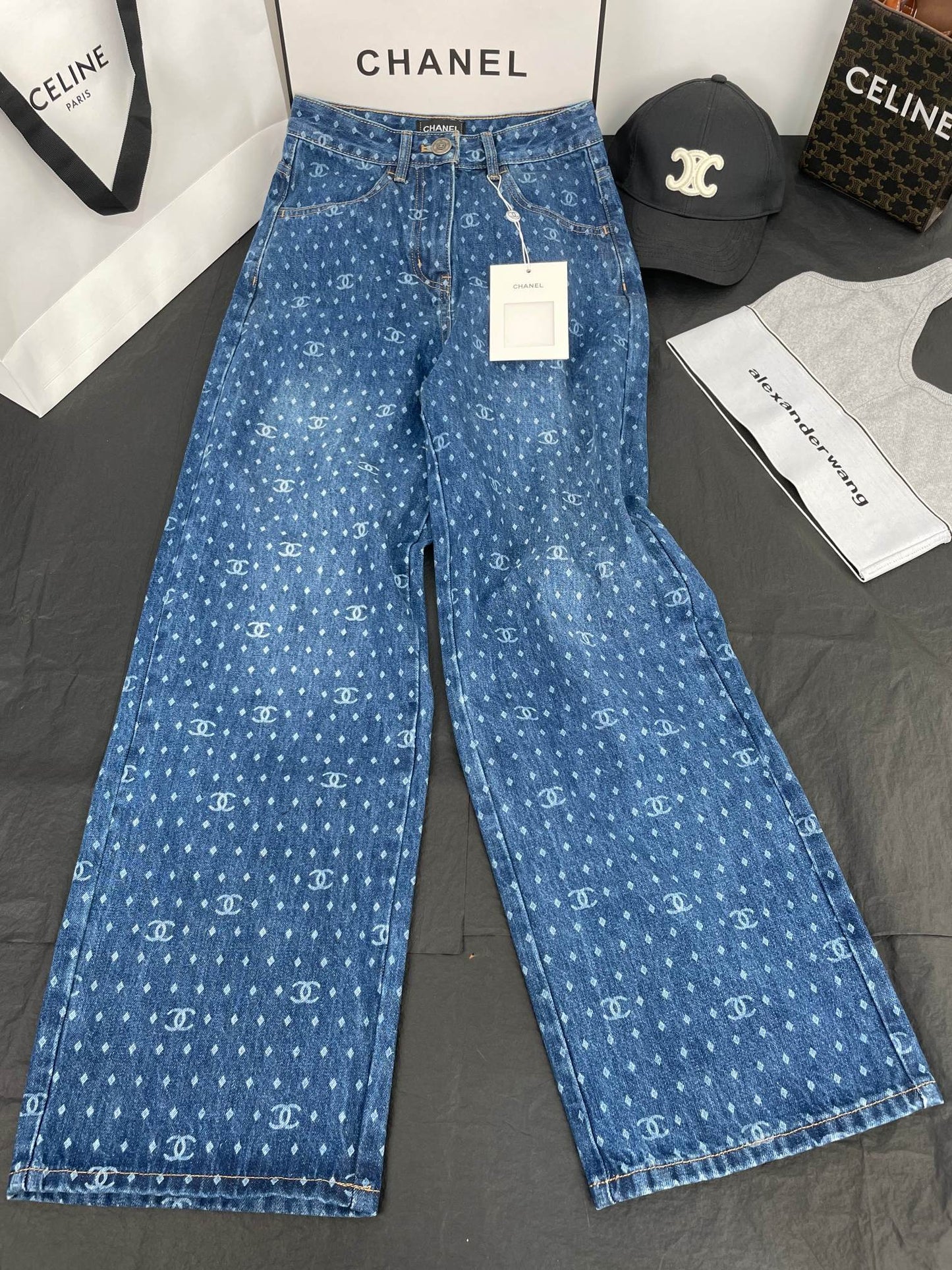 CC Polka Dot Double C Wide-Leg Straight-Leg Jeans 344167