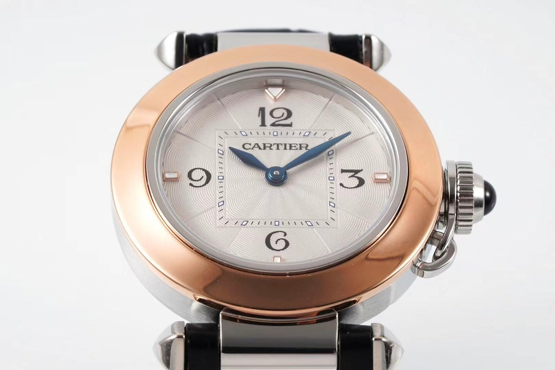 pasha 30mm quartz pink gold white dial black leather