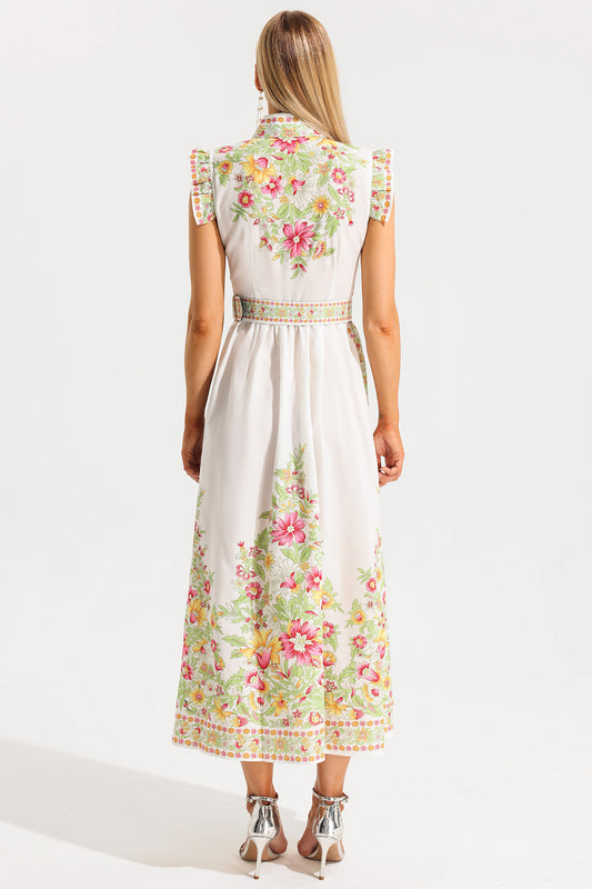 Vestido midi floral con cuello alto, sin mangas, botones y cinturón