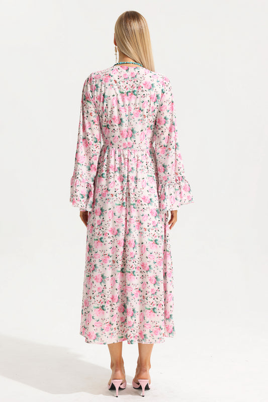 Vestido midi floral con escote en V y mangas abullonadas