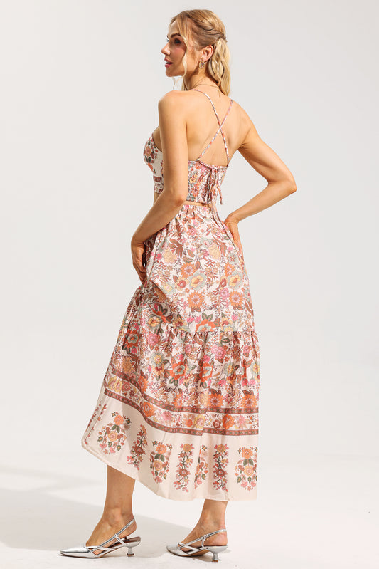 Floral Knotted Mini Top & High Waist Midi Skirt Set