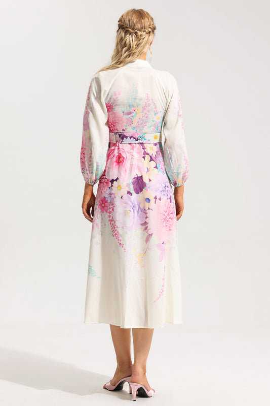 Vestido midi con mangas abullonadas y cinturón con estampado floral en la parte inferior