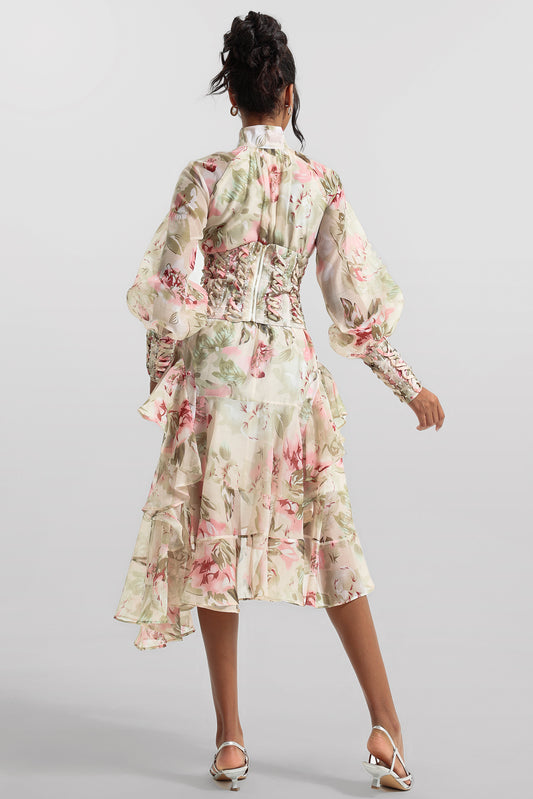 Vestido midi de malla con cuello alto y mangas farol estampadas