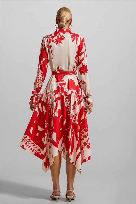Vestido midi floral con encaje y cinturón