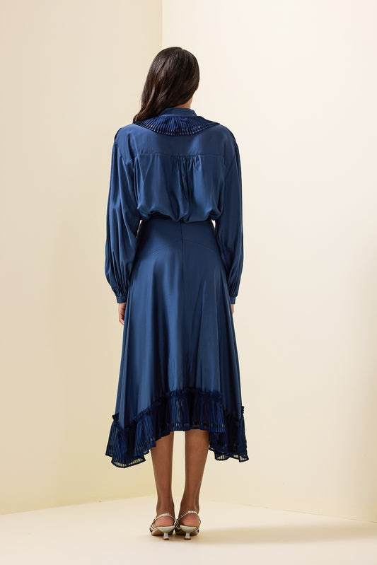 Solid Frill Bottom Top & High Waist Pleated Midi Skirt Set