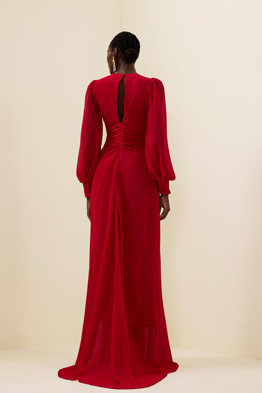 Vestido largo liso con mangas farol y nudo