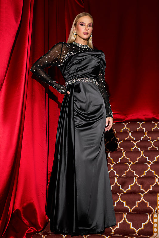 Rhinestone Faux Pearl Satin Maxi Dress