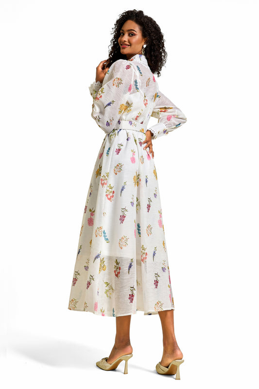 Vestido midi con mangas farol y encaje floral