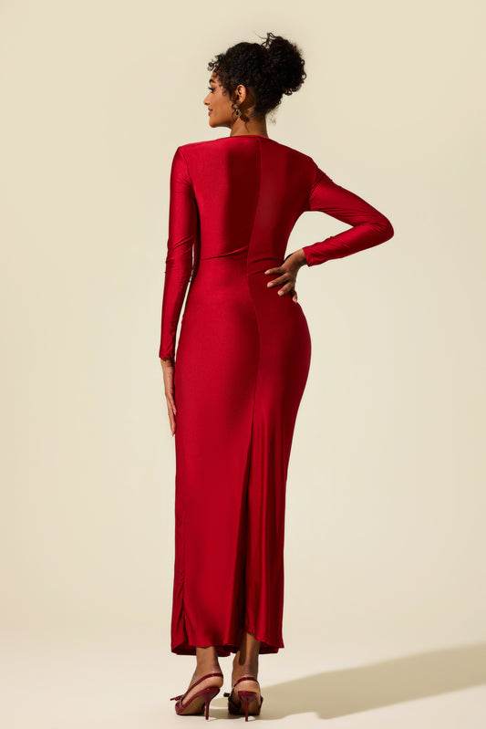 Vestido midi fruncido de jersey liso