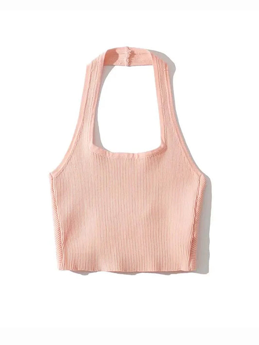 2025 Summer Fashion Sexy Women’s Crop Tube Tops Halter Neck Sleeveless Solid Back Kink Knitted Vest