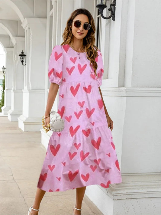 2025 Summer New Women’s Print Dress Puff Short Sleeves Ruffles Loose A-line Midi Dresses Fashion Casual Beach Vacation Vestidos