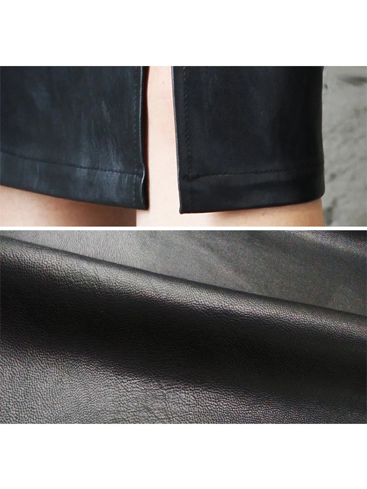 2025 Women PU Leather Midi Skirt Autumn Winter Ladies Package Hip Front or Back Slit Pencil Skirt
