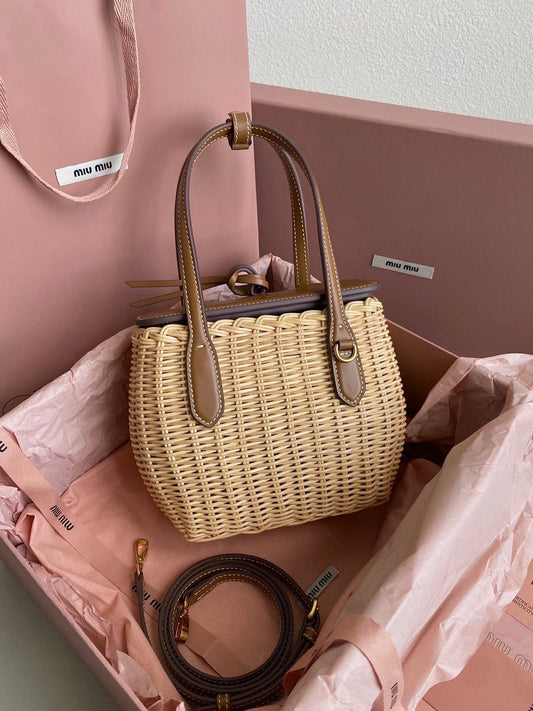 BASKET 20 BAG IN BROWN BEIGE WICKER AND LEATHER