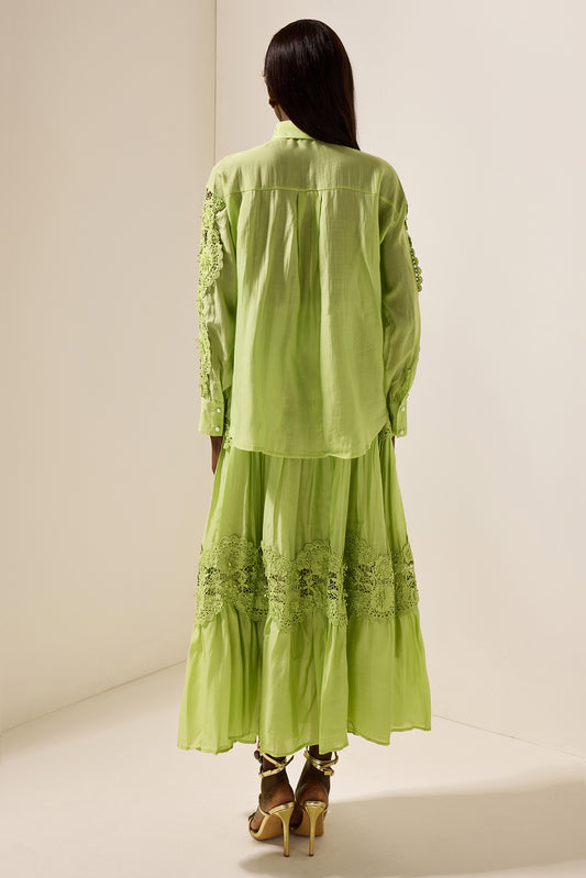 Embroidered Lace Solid Top & Lace Mid Waist Midi Skirt Set