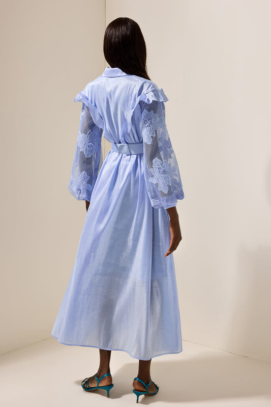 Vestido midi de encaje liso con volantes y cinturón