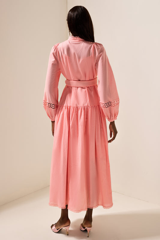 Vestido midi liso con mangas farol y cinturón