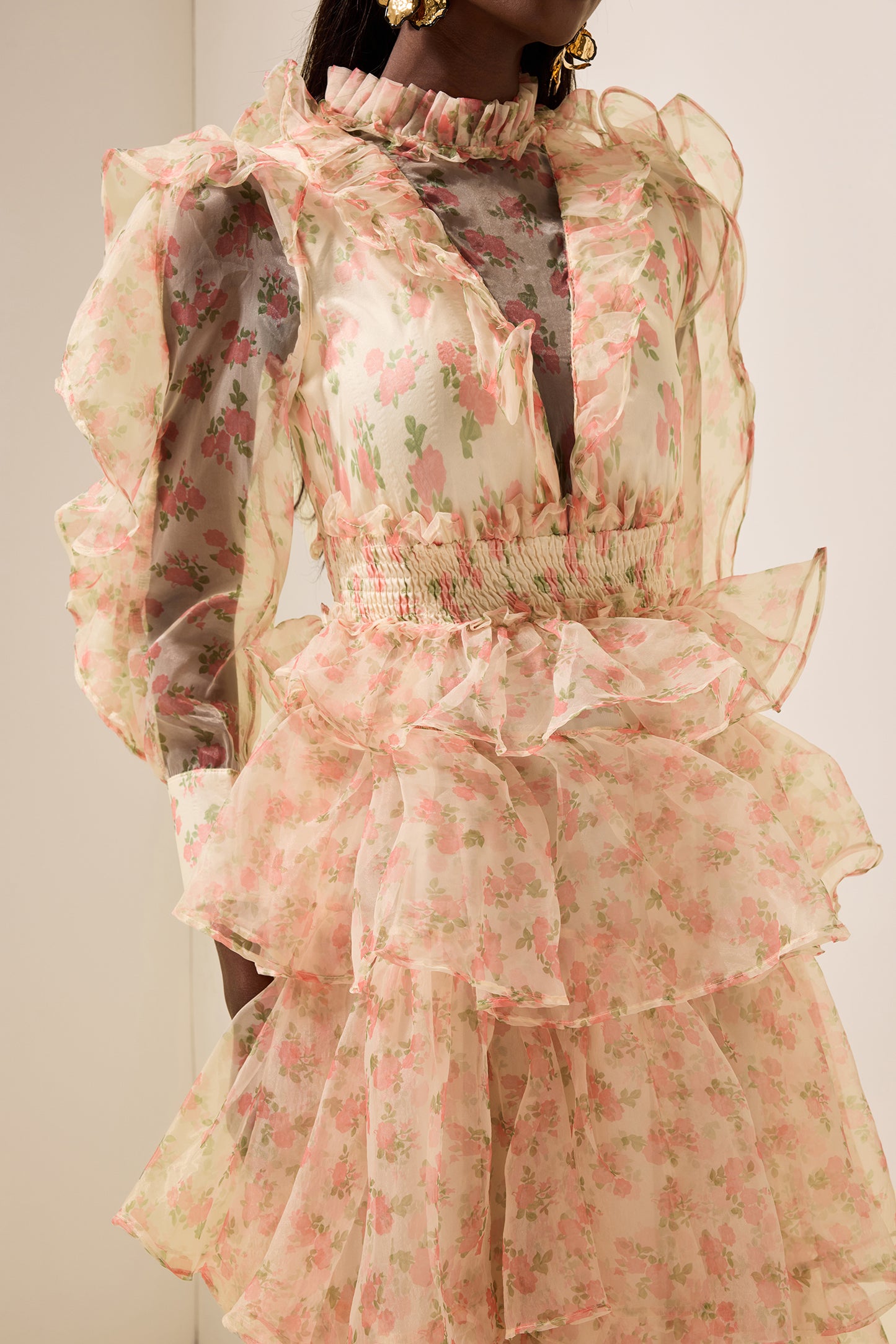 Floral Long Sleeve Smocking Tiered Midi Dress