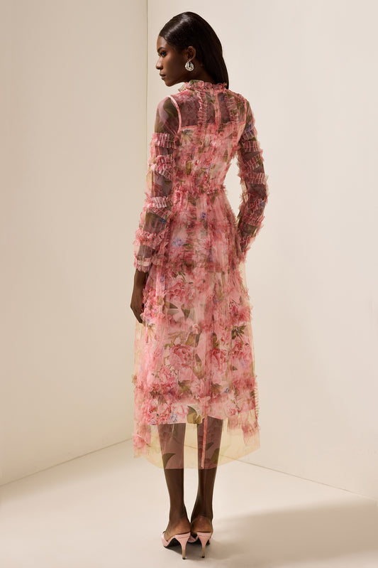 Vestido midi escalonado con volantes florales