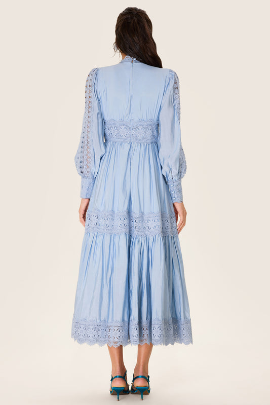 Vestido midi liso con mangas farol y encaje