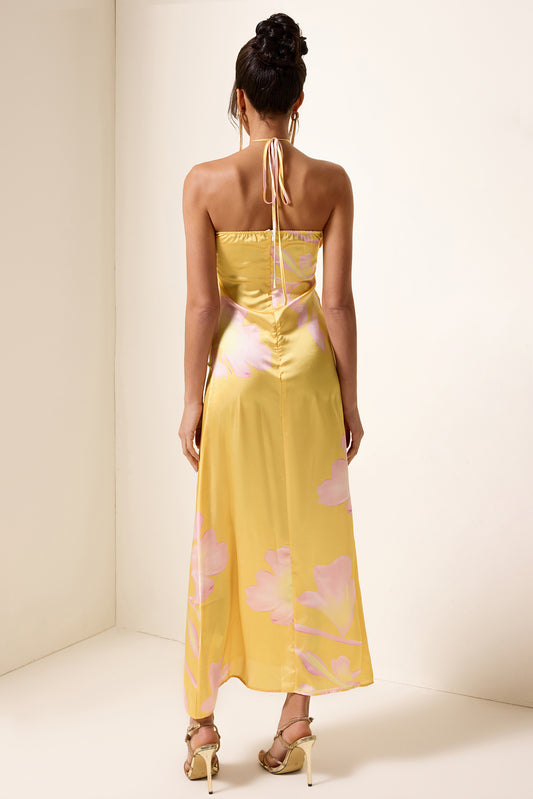 Vestido midi de satén con cuello halter y estampado floral