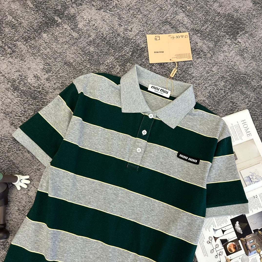 Miu SS26 Striped Jersey Polo Shirt Cotton 350620