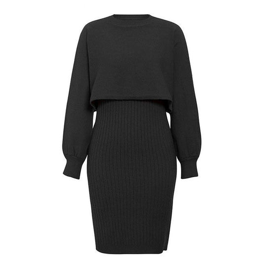Conjunto de dos piezas de vestido de punto para otoño e invierno, jersey de color liso para mujer