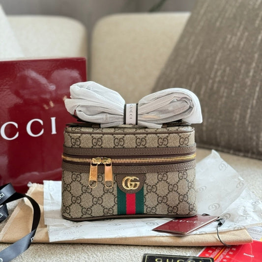 GUCCI OPHIDIA SMALL VANITY BAG BEIGE AND DARK BROWN 18CM 816357 96IWG 8745