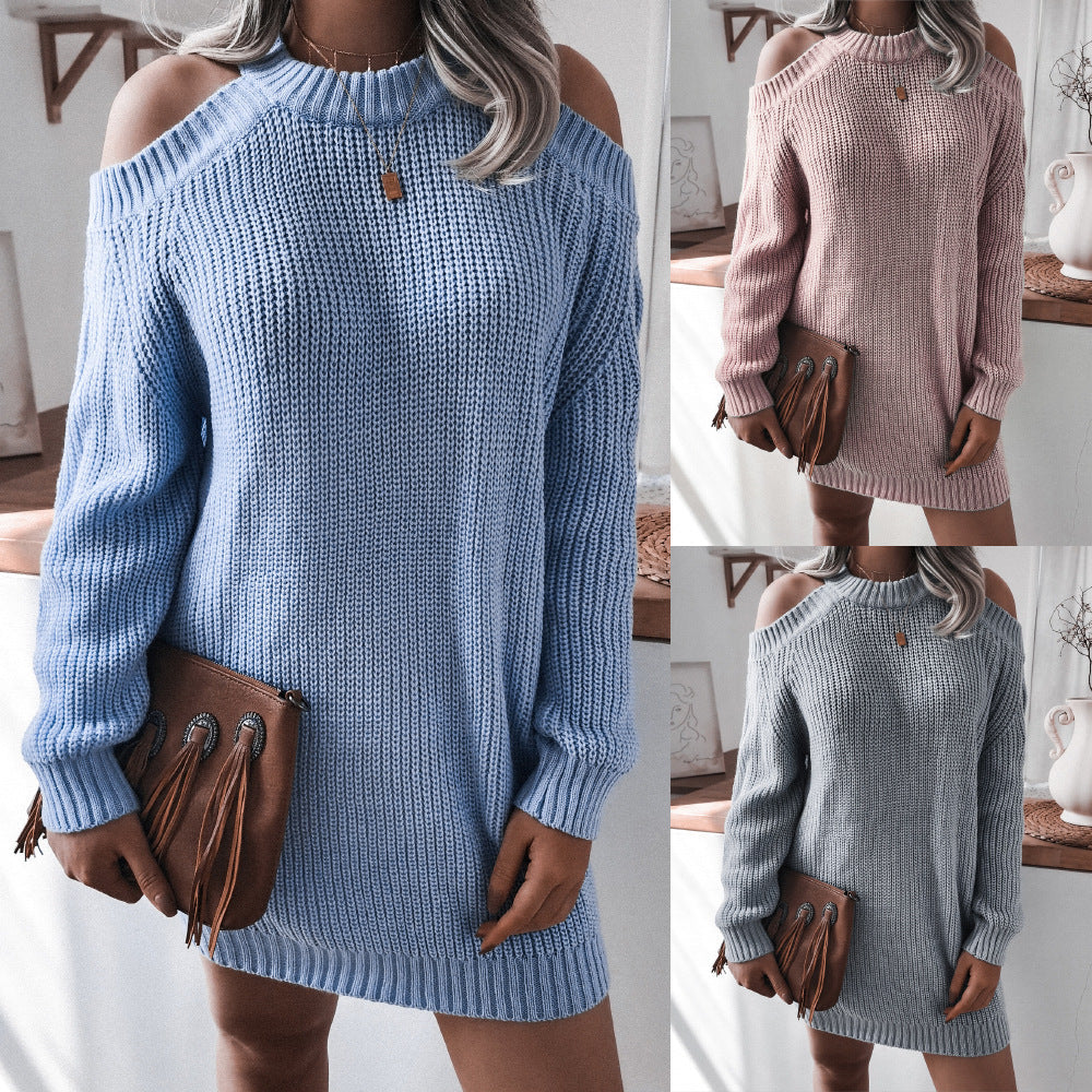 Vestido tipo suéter holgado informal de manga larga con hombros descubiertos para otoño e invierno, ropa para mujer