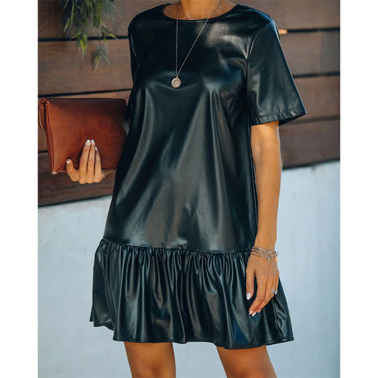 Vestido de oficina de otoño-invierno con volantes, holgado, adelgazante, de charol y piel sintética, de manga corta