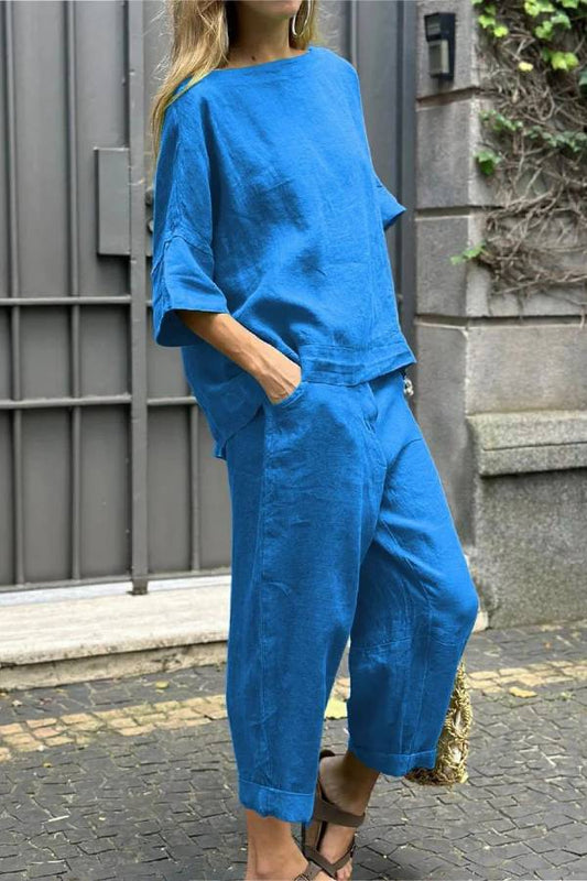 Conjunto informal de dos piezas de algodón y lino con cuello redondo y pantalones de color liso