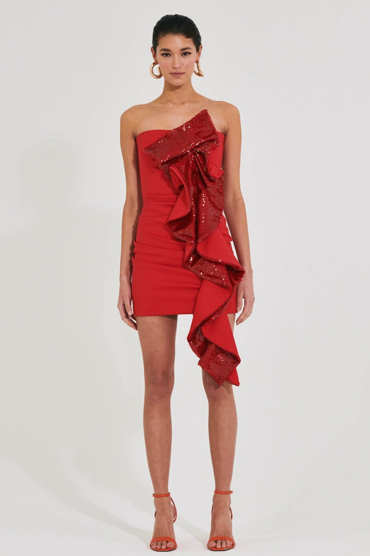 Minivestido Frederica sin tirantes con volantes y lentejuelas