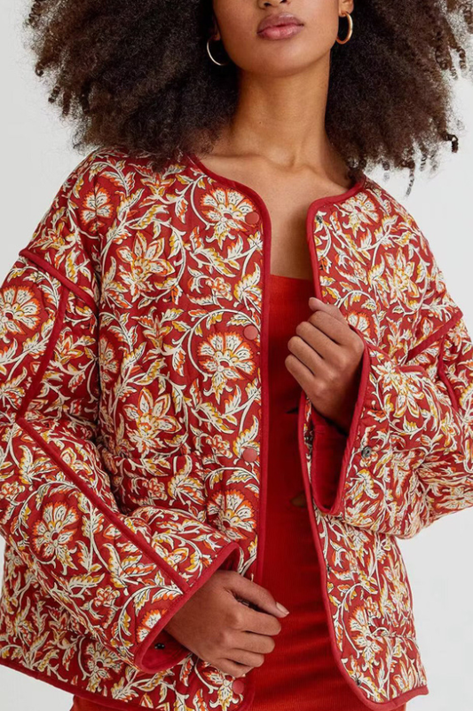 Chaqueta acolchada de algodón holgada con cuello en V y estampado floral